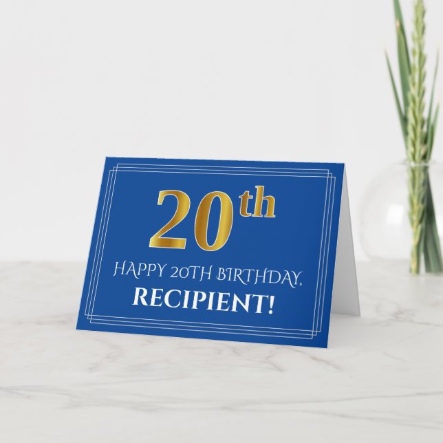 Elegant Faux Gold Look 20th Birthday, Name (Blue) Card (Front)