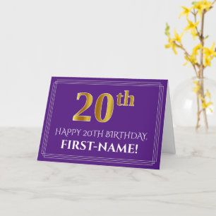 Elegant Faux Gold Look 20th Birthday, Name; Purple Card