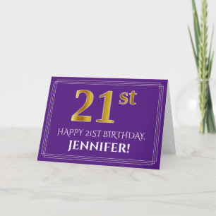 Elegant Faux Gold Look 21st Birthday, Name; Purple Card