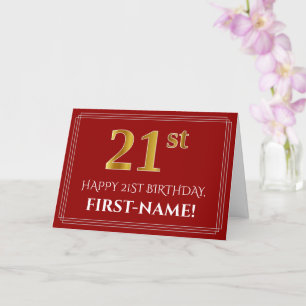Elegant Faux Gold Look "21st" Birthday, Name (Red) Card