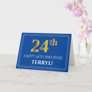 Elegant Faux Gold Look 24th Birthday, Name (Blue) Card