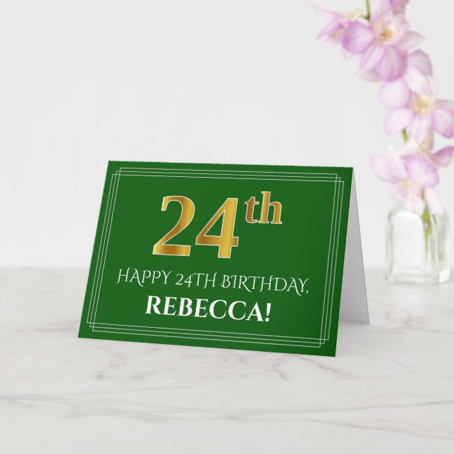 Elegant Faux Gold Look 24th Birthday, Name (Green) Card (Orchid)