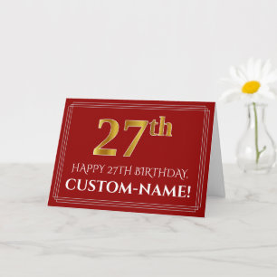 Elegant Faux Gold Look "27th" Birthday, Name (Red) Card
