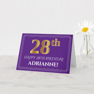 Elegant Faux Gold Look 28th Birthday, Name; Purple Card