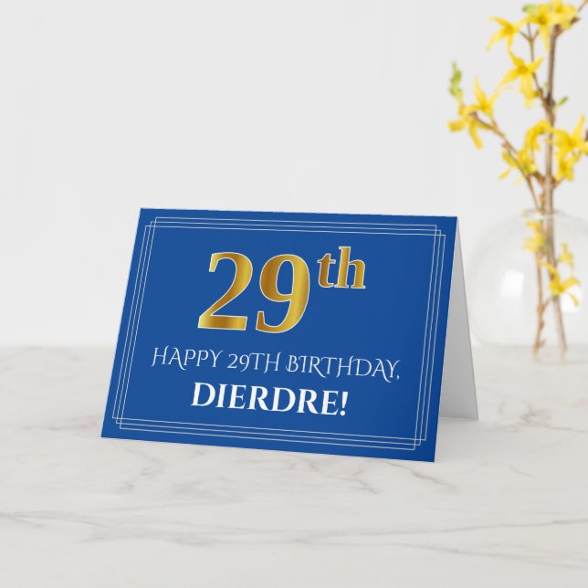 Elegant Faux Gold Look 29th Birthday, Name (Blue) Card (Yellow Flower)