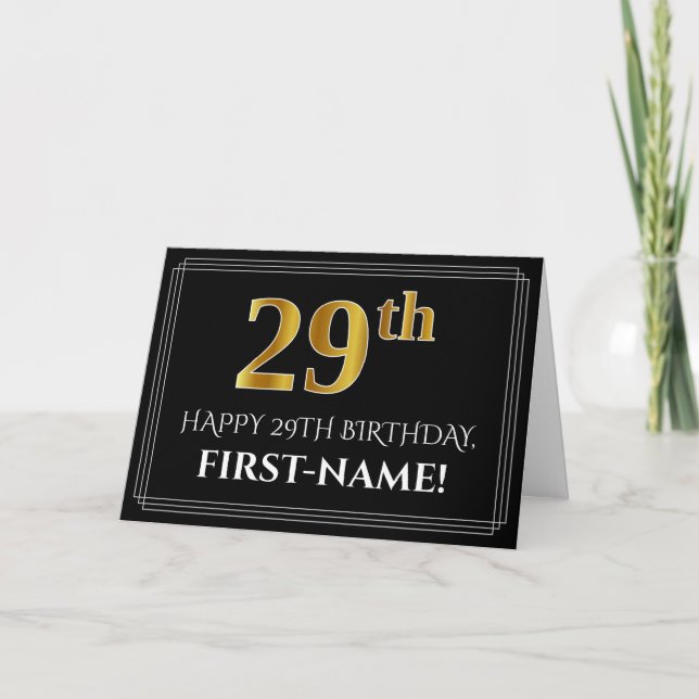 Elegant Faux Gold Look "29th" Birthday + Name Card (Front)