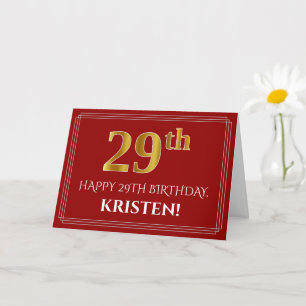 Elegant Faux Gold Look "29th" Birthday, Name (Red) Card