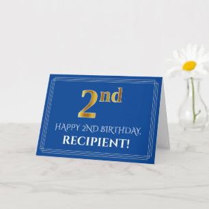 Elegant Faux Gold Look 2nd Birthday, Name (Blue) Card