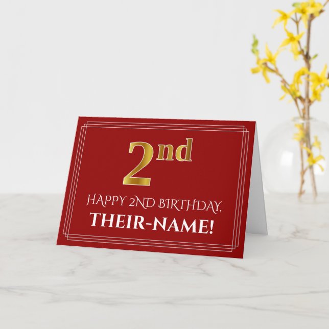 Elegant Faux Gold Look "2nd" Birthday, Name (Red) Card (Yellow Flower)