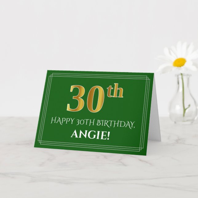 Elegant Faux Gold Look 30th Birthday, Name (Green) Card (Small Plant)