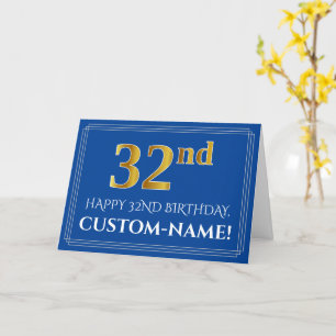 Elegant Faux Gold Look 32nd Birthday, Name (Blue) Card