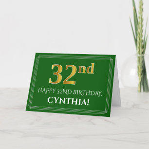 Elegant Faux Gold Look 32nd Birthday, Name (Green) Card
