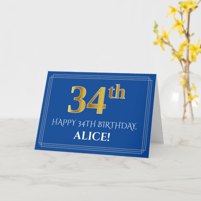 Elegant Faux Gold Look 34th Birthday, Name (Blue) Card (Yellow Flower)