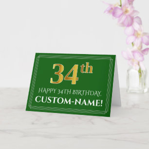 Elegant Faux Gold Look 34th Birthday, Name (Green) Card
