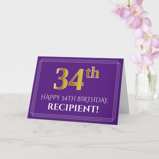 Elegant Faux Gold Look 34th Birthday, Name; Purple Card (Orchid)