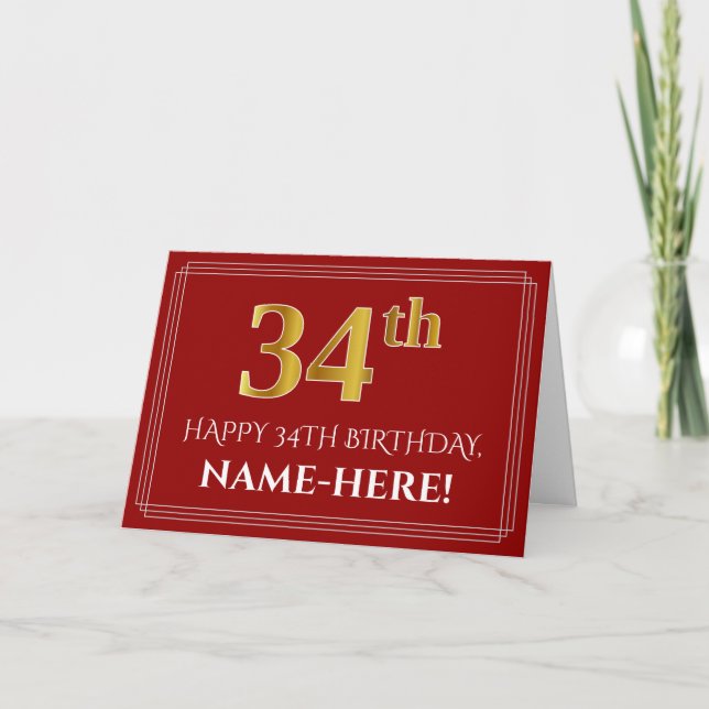 Elegant Faux Gold Look "34th" Birthday, Name (Red) Card (Front)
