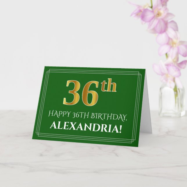 Elegant Faux Gold Look 36th Birthday, Name (Green) Card (Orchid)