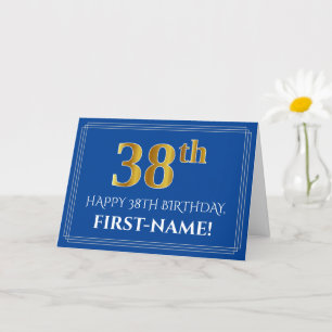 Elegant Faux Gold Look 38th Birthday, Name (Blue) Card