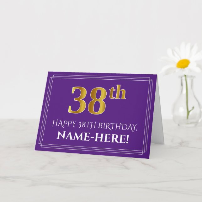 Elegant Faux Gold Look 38th Birthday, Name; Purple Card (Small Plant)