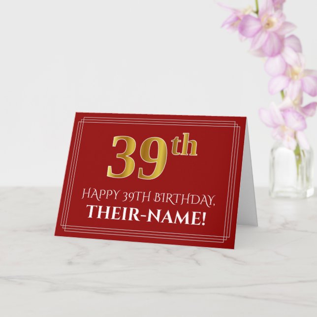 Elegant Faux Gold Look "39th" Birthday, Name (Red) Card (Orchid)