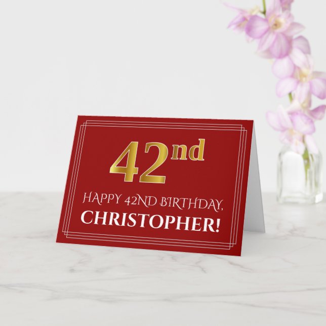 Elegant Faux Gold Look "42nd" Birthday, Name (Red) Card (Orchid)