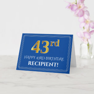 Elegant Faux Gold Look 43rd Birthday, Name (Blue) Card
