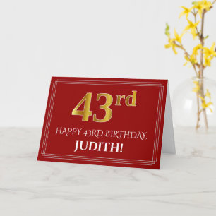 Elegant Faux Gold Look "43rd" Birthday, Name (Red) Card