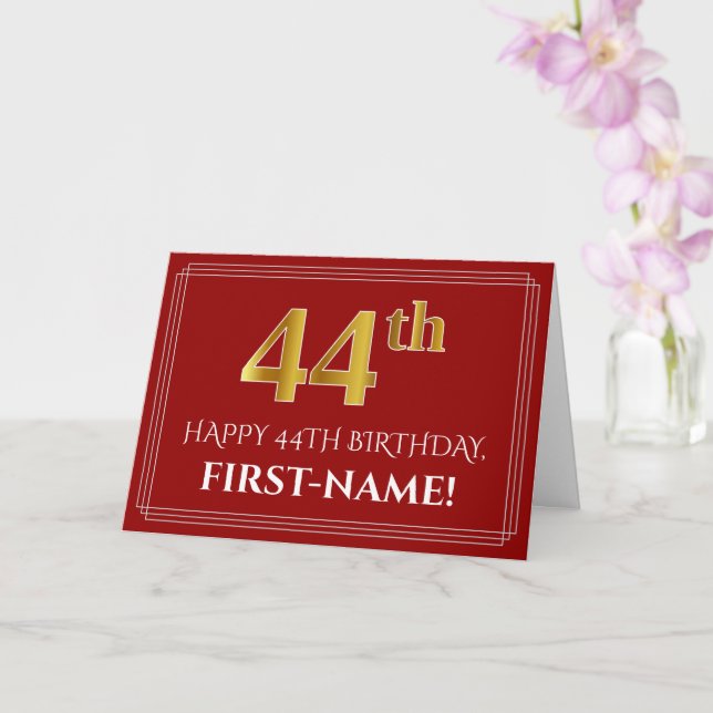 Elegant Faux Gold Look "44th" Birthday, Name (Red) Card (Orchid)