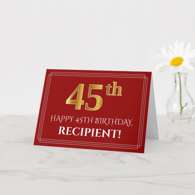 Elegant Faux Gold Look "45th" Birthday, Name (Red) Card (Small Plant)