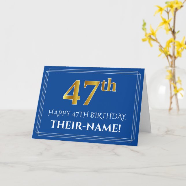 Elegant Faux Gold Look 47th Birthday, Name (Blue) Card (Yellow Flower)