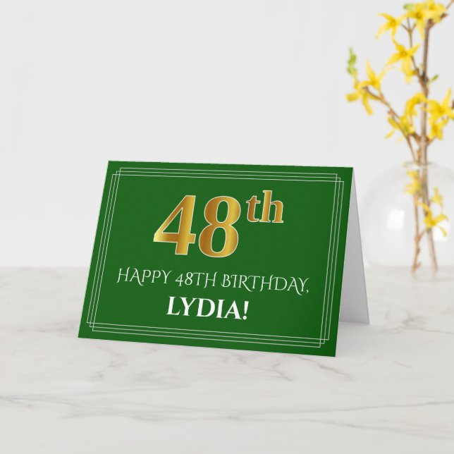 Elegant Faux Gold Look 48th Birthday, Name (Green) Card (Yellow Flower)