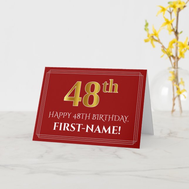 Elegant Faux Gold Look "48th" Birthday, Name (Red) Card (Yellow Flower)