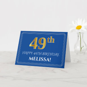 Elegant Faux Gold Look 49th Birthday, Name (Blue) Card