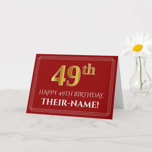 Elegant Faux Gold Look "49th" Birthday, Name (Red) Card (Small Plant)