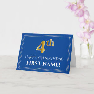 Elegant Faux Gold Look 4th Birthday, Name (Blue) Card