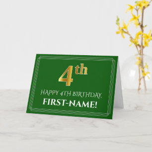 Elegant Faux Gold Look 4th Birthday, Name (Green) Card