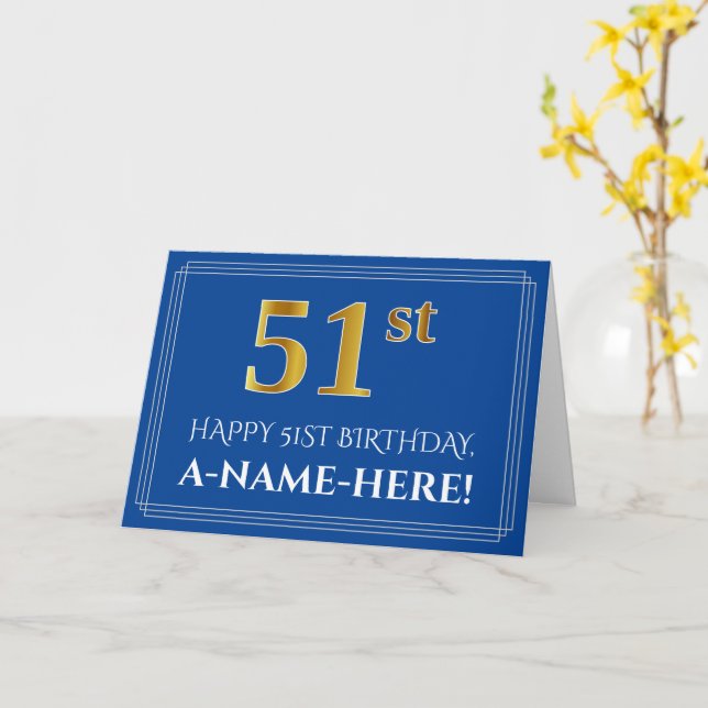 Elegant Faux Gold Look 51st Birthday, Name (Blue) Card (Yellow Flower)