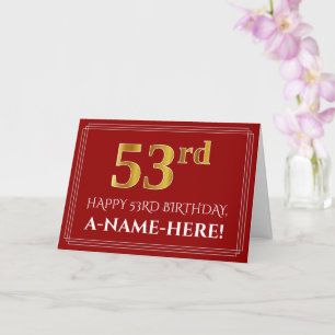 Elegant Faux Gold Look "53rd" Birthday, Name (Red) Card