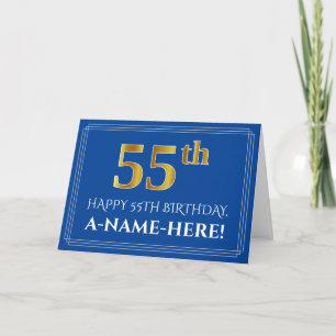 Elegant Faux Gold Look 55th Birthday, Name (Blue) Card