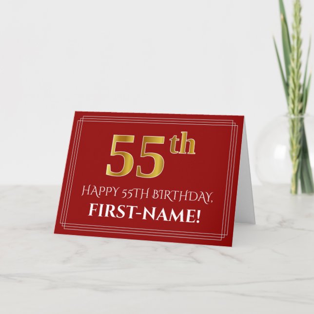 Elegant Faux Gold Look "55th" Birthday, Name (Red) Card (Front)
