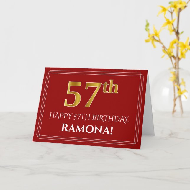 Elegant Faux Gold Look "57th" Birthday, Name (Red) Card (Yellow Flower)