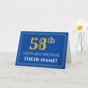 Elegant Faux Gold Look 58th Birthday, Name (Blue) Card