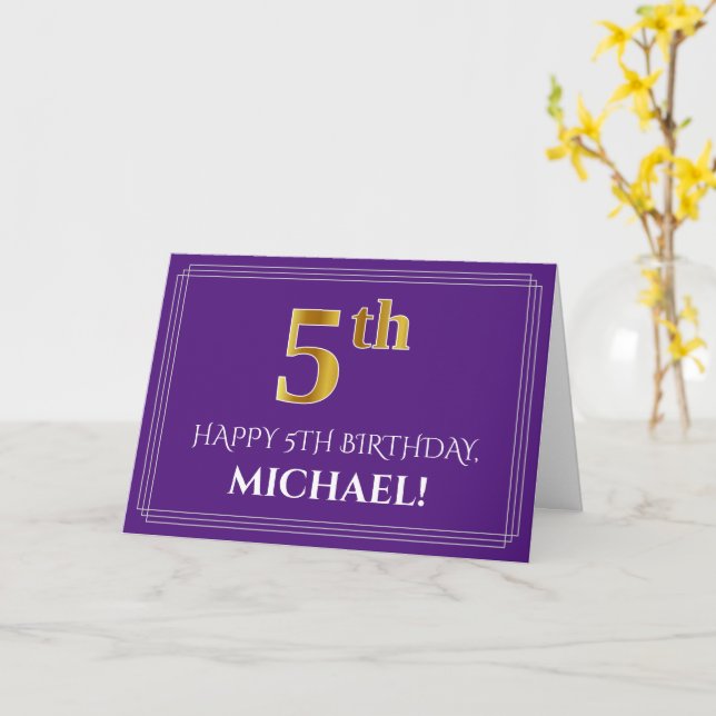 Elegant Faux Gold Look 5th Birthday, Name; Purple Card (Yellow Flower)