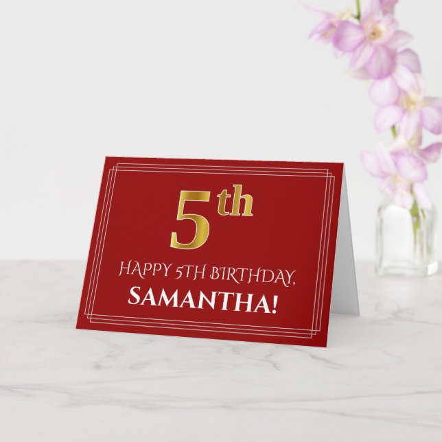 Elegant Faux Gold Look "5th" Birthday, Name (Red) Card (Orchid)