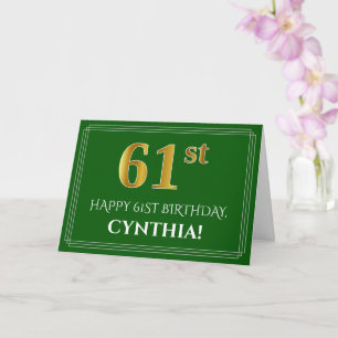 Elegant Faux Gold Look 61st Birthday, Name (Green) Card