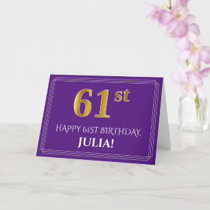 Elegant Faux Gold Look 61st Birthday, Name; Purple Card