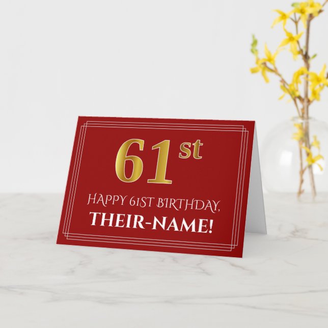 Elegant Faux Gold Look "61st" Birthday, Name (Red) Card (Yellow Flower)