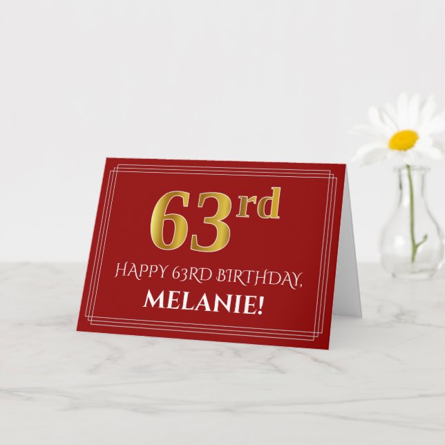 Elegant Faux Gold Look "63rd" Birthday, Name (Red) Card (Small Plant)