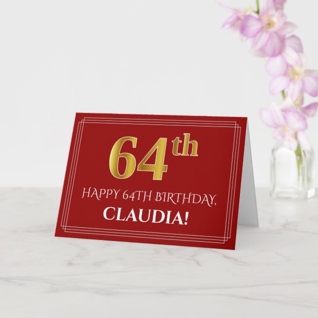Elegant Faux Gold Look "64th" Birthday, Name (Red) Card (Orchid)
