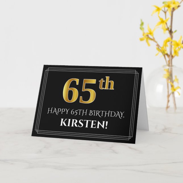 Elegant Faux Gold Look "65th" Birthday + Name Card (Yellow Flower)
